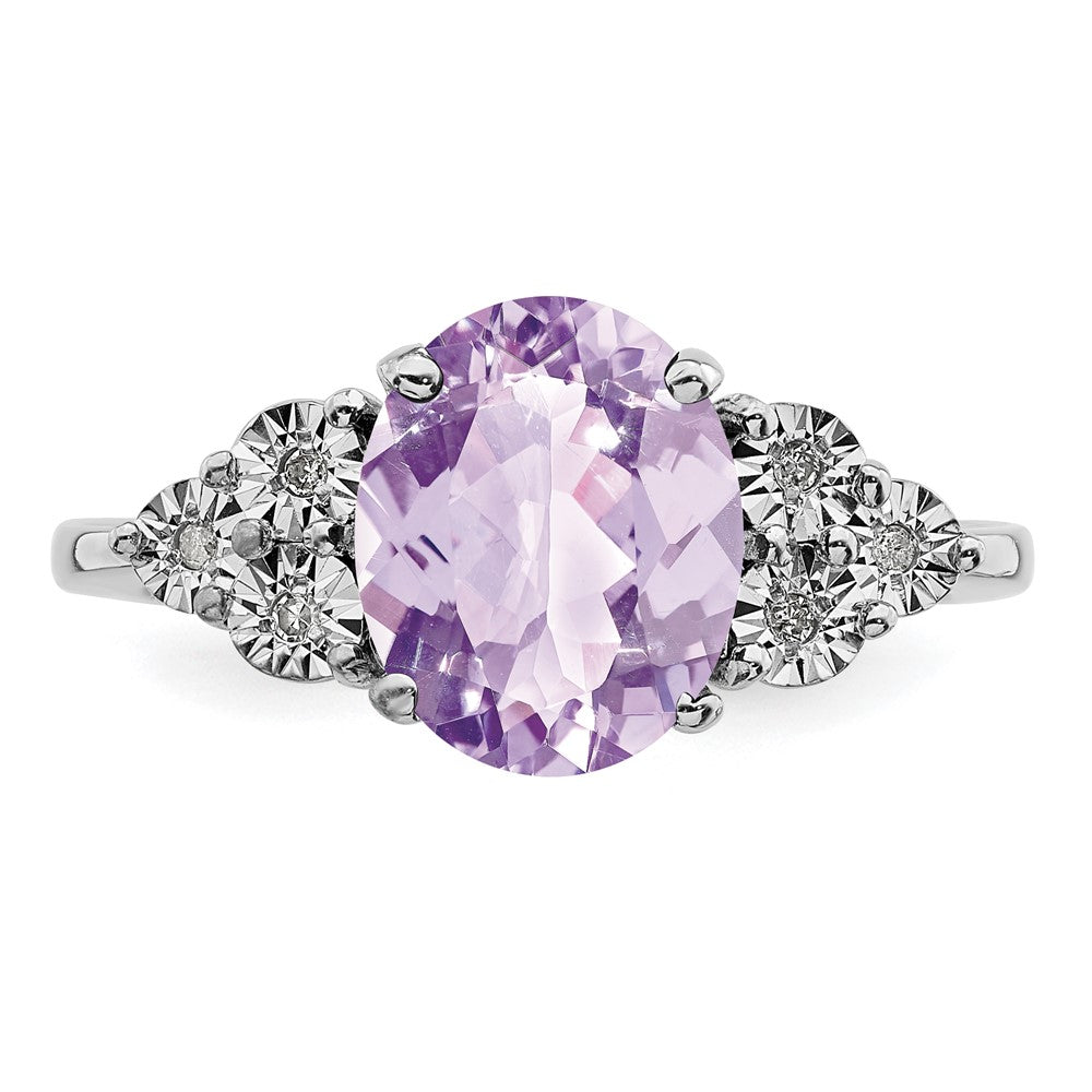 Sterling Silver Rhodium Diam. & Oval Pink Quartz Ring