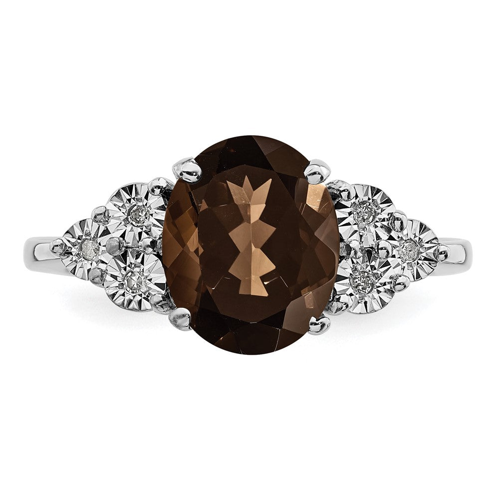 Sterling Silver Rhodium Diam. & Oval Smoky Quartz Ring