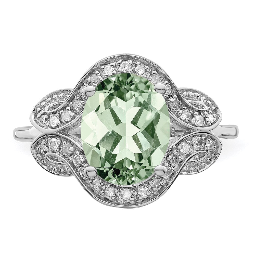 Sterling Silver Rhodium Diam. & Oval Green Quartz Ring