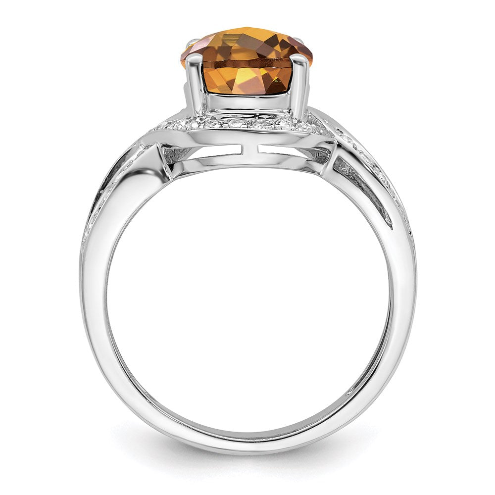 Sterling Silver Rhodium Diam. & Oval Checker-Cut Whiskey Quartz Ring