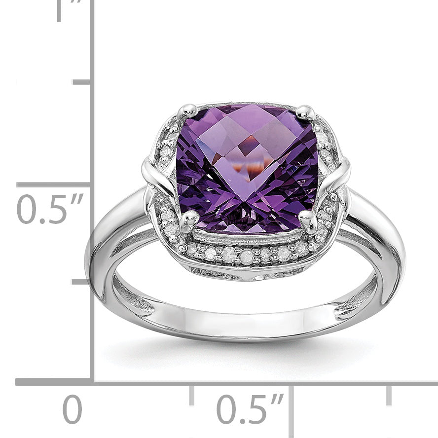 Sterling Silver Rhodium-plated Diamond & Checker-Cut Amethyst Ring