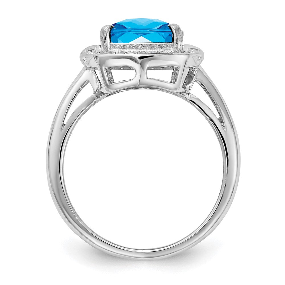 Sterling Silver Rhodium Diam. & Checker-Cut Blue Topaz Ring