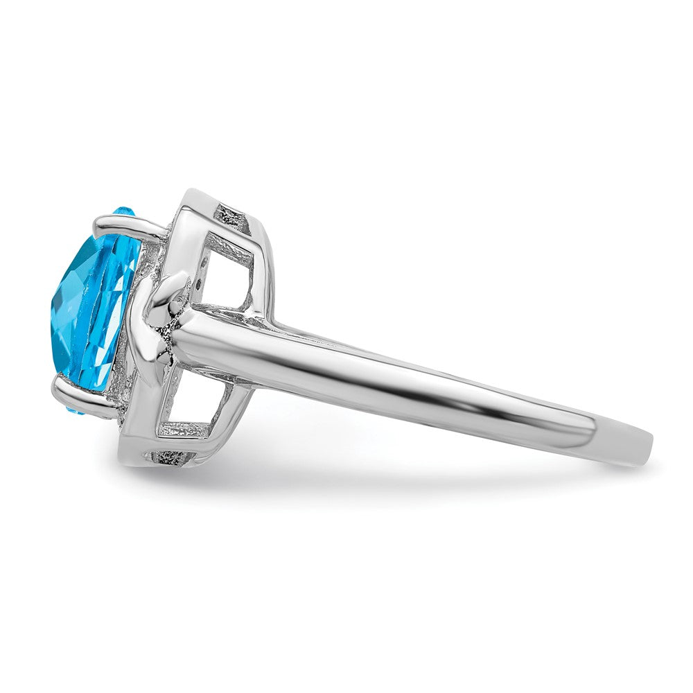 Sterling Silver Rhodium Diam. & Checker-Cut Blue Topaz Ring