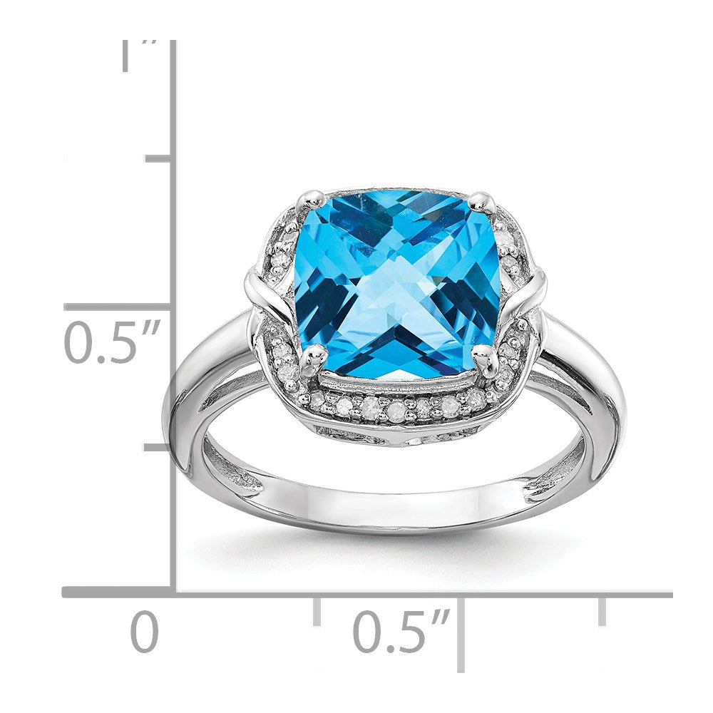 Sterling Silver Rhodium Diam. & Checker-Cut Blue Topaz Ring