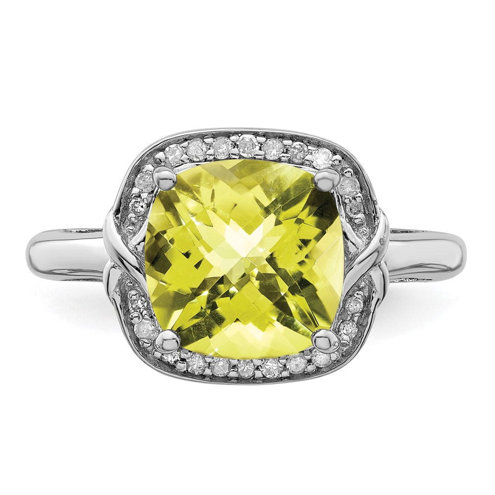 Sterling Silver Rhodium Diam. & Checker-Cut Lemon Quartz Ring