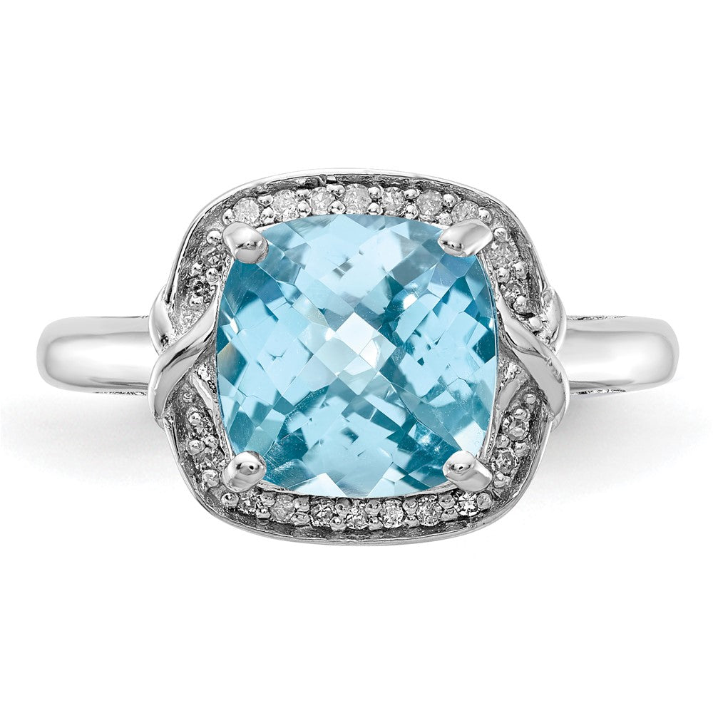 Sterling Silver Rhodium Diam. & Checker-Cut Sky Blue Topaz Ring