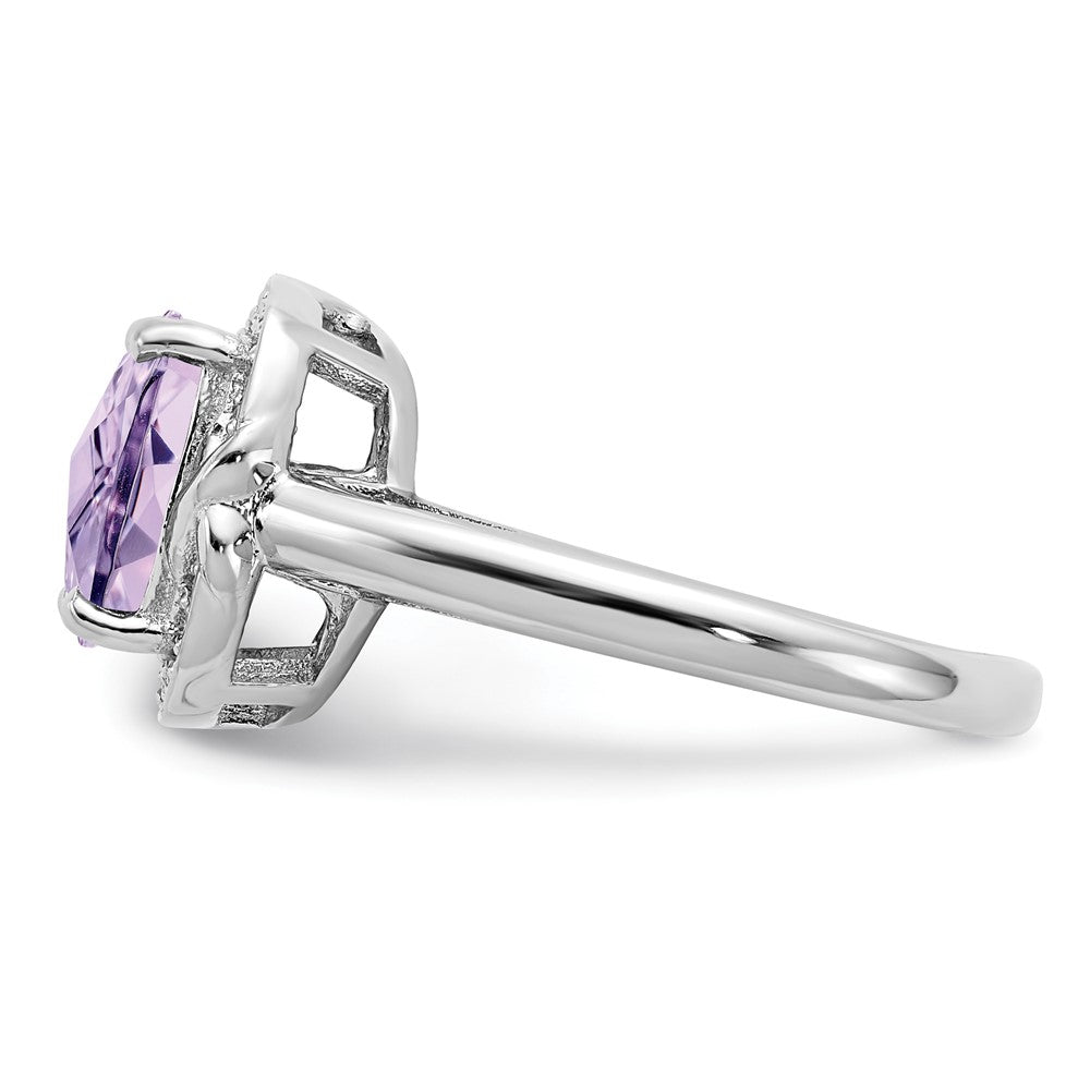 Sterling Silver Rhodium Diam. & Checker-Cut Pink Quartz Ring