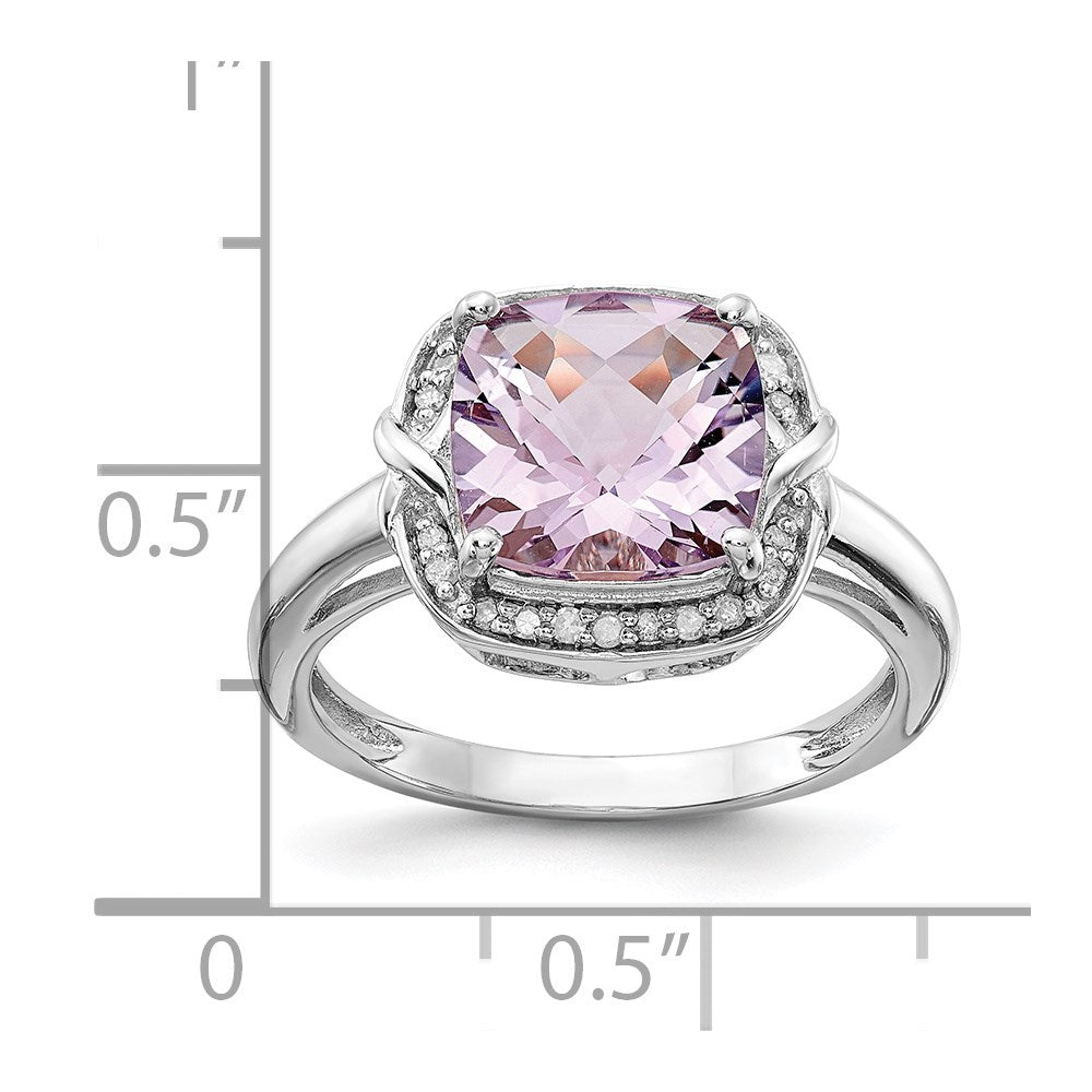 Sterling Silver Rhodium Diam. & Checker-Cut Pink Quartz Ring