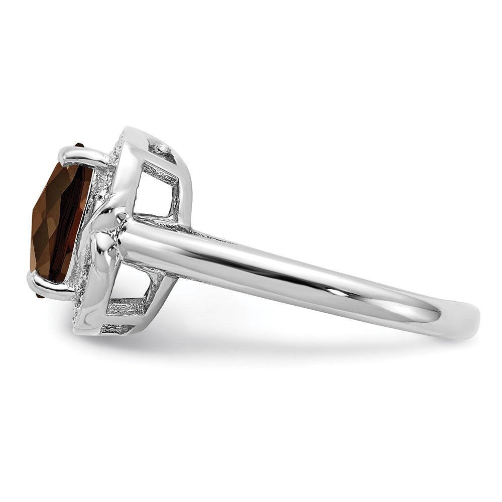 Sterling Silver Rhodium Diam. & Checker-Cut Smoky Quartz Ring