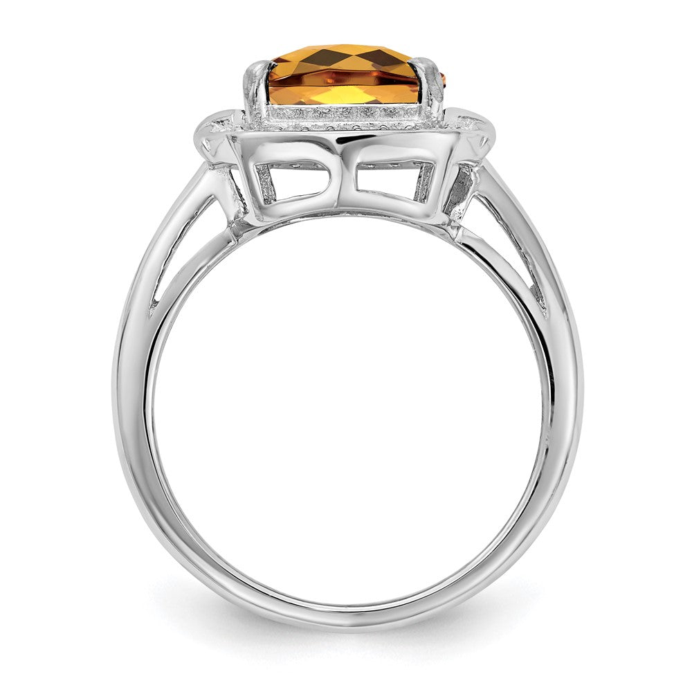Sterling Silver Rhodium Diam. & Checker-Cut Whiskey Quartz Ring
