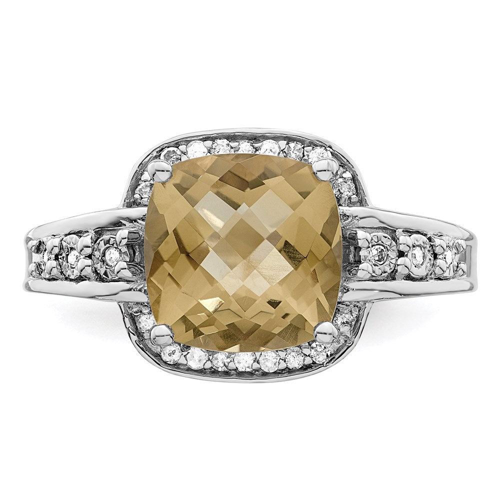 Sterling Silver Rhodium Diam. & Checker-Cut Lemon Quartz Ring