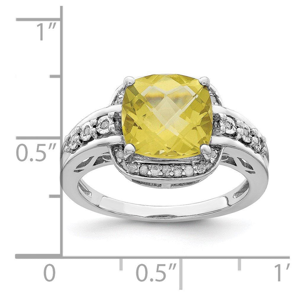 Sterling Silver Rhodium Diam. & Checker-Cut Lemon Quartz Ring