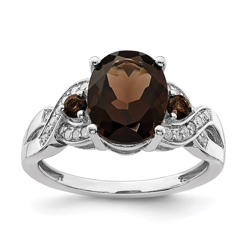 Sterling Silver Rhodium Diam. & Smoky Quartz Ring