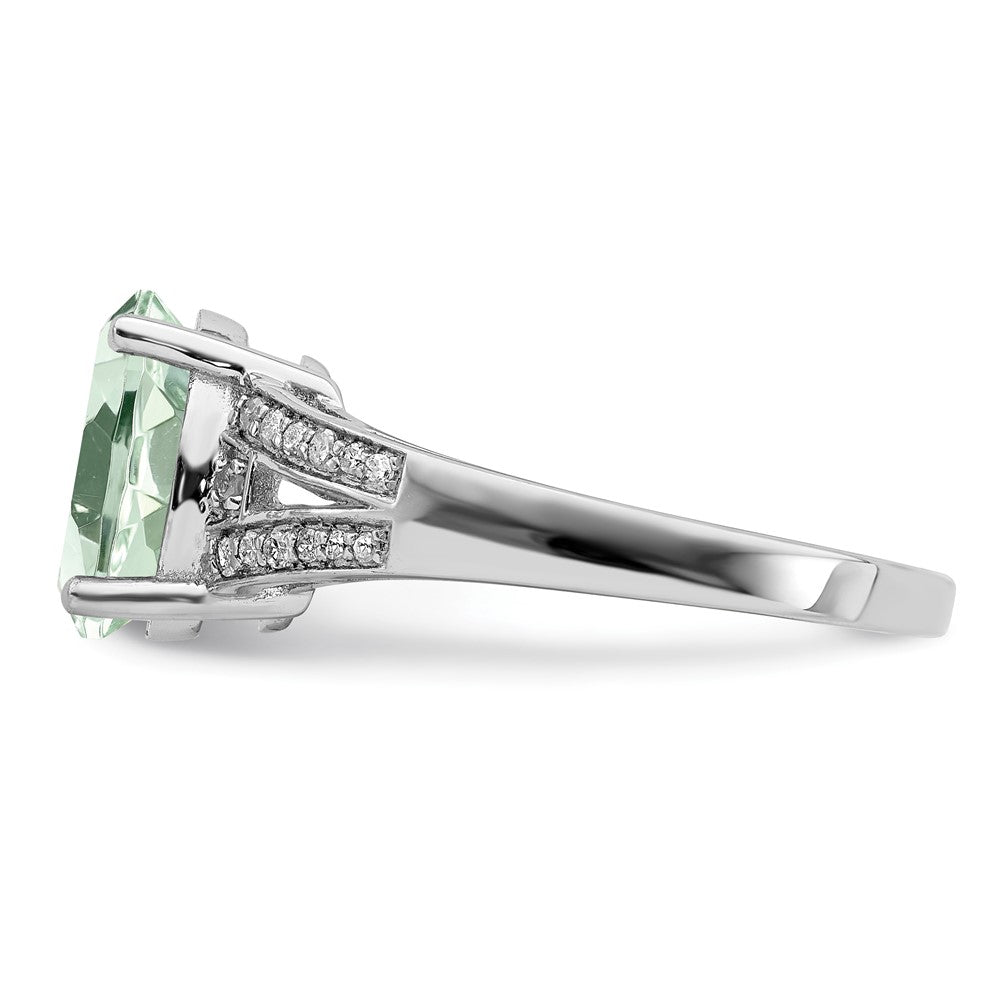 Sterling Silver Rhodium Diam. & Oval Green Quartz Ring