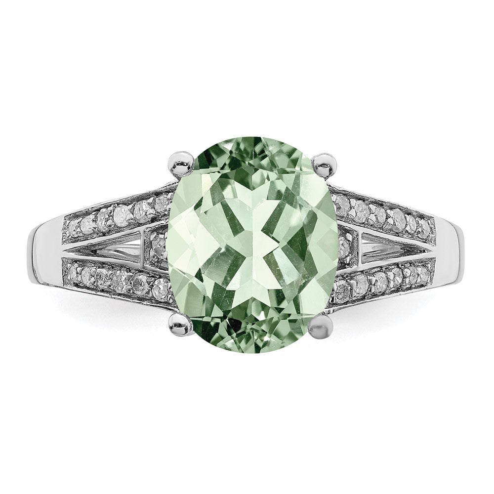 Sterling Silver Rhodium Diam. & Oval Green Quartz Ring