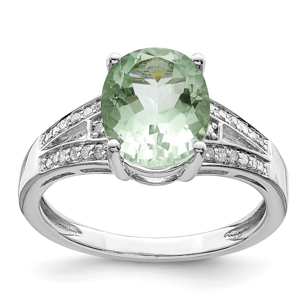 Sterling Silver Rhodium Diam. & Green Quartz Ring