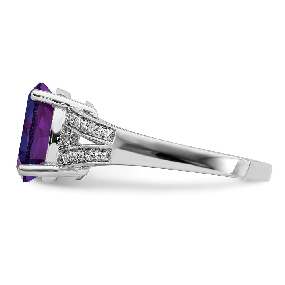 Sterling Silver Rhodium-plated Diamond & Oval Amethyst Ring
