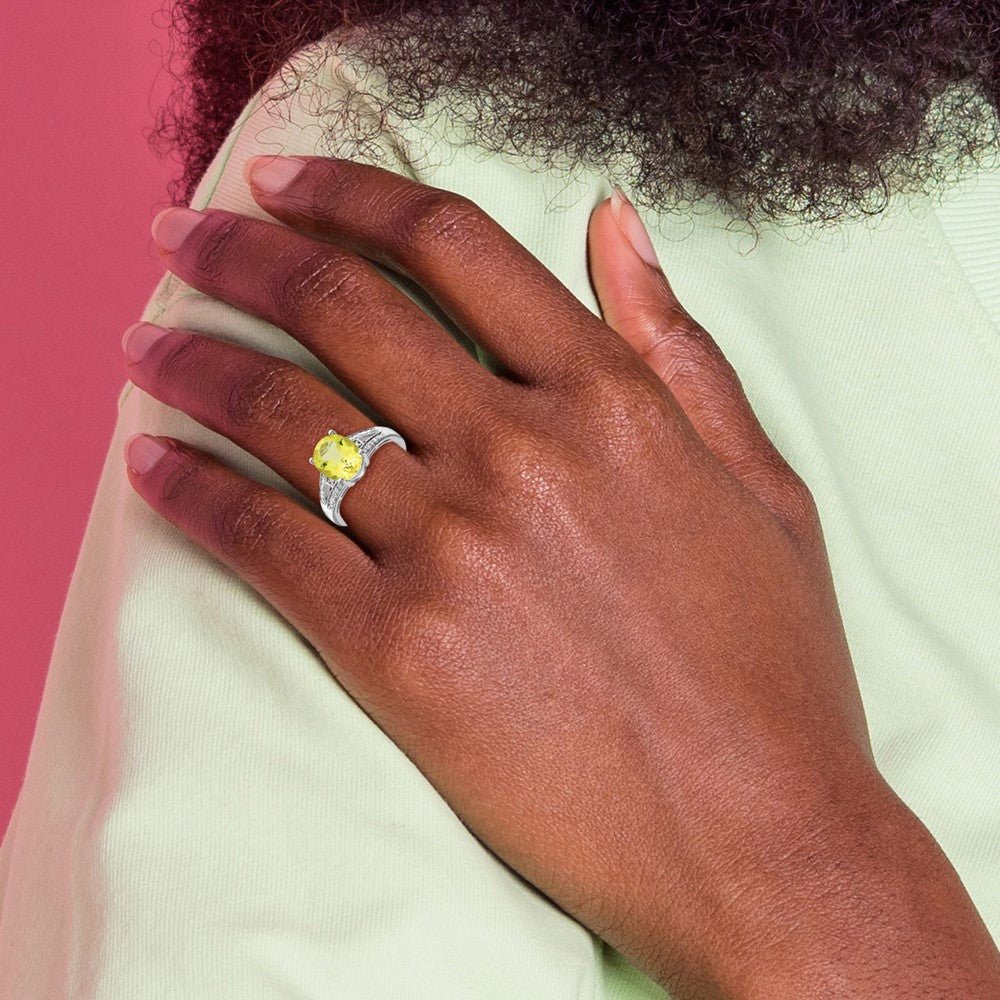 Sterling Silver Rhodium Diam. & Oval Lemon Quartz Ring