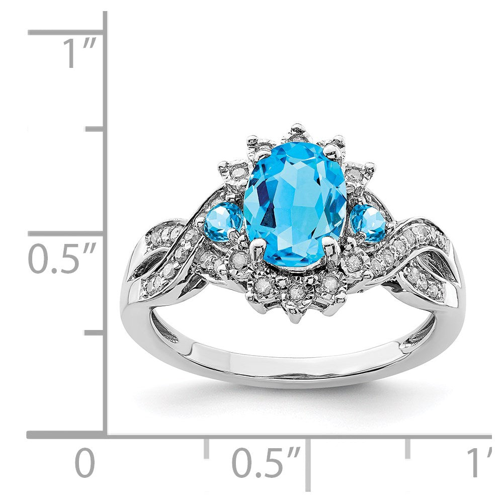 Sterling Silver Rhodium Diam. & Oval Blue Topaz Ring