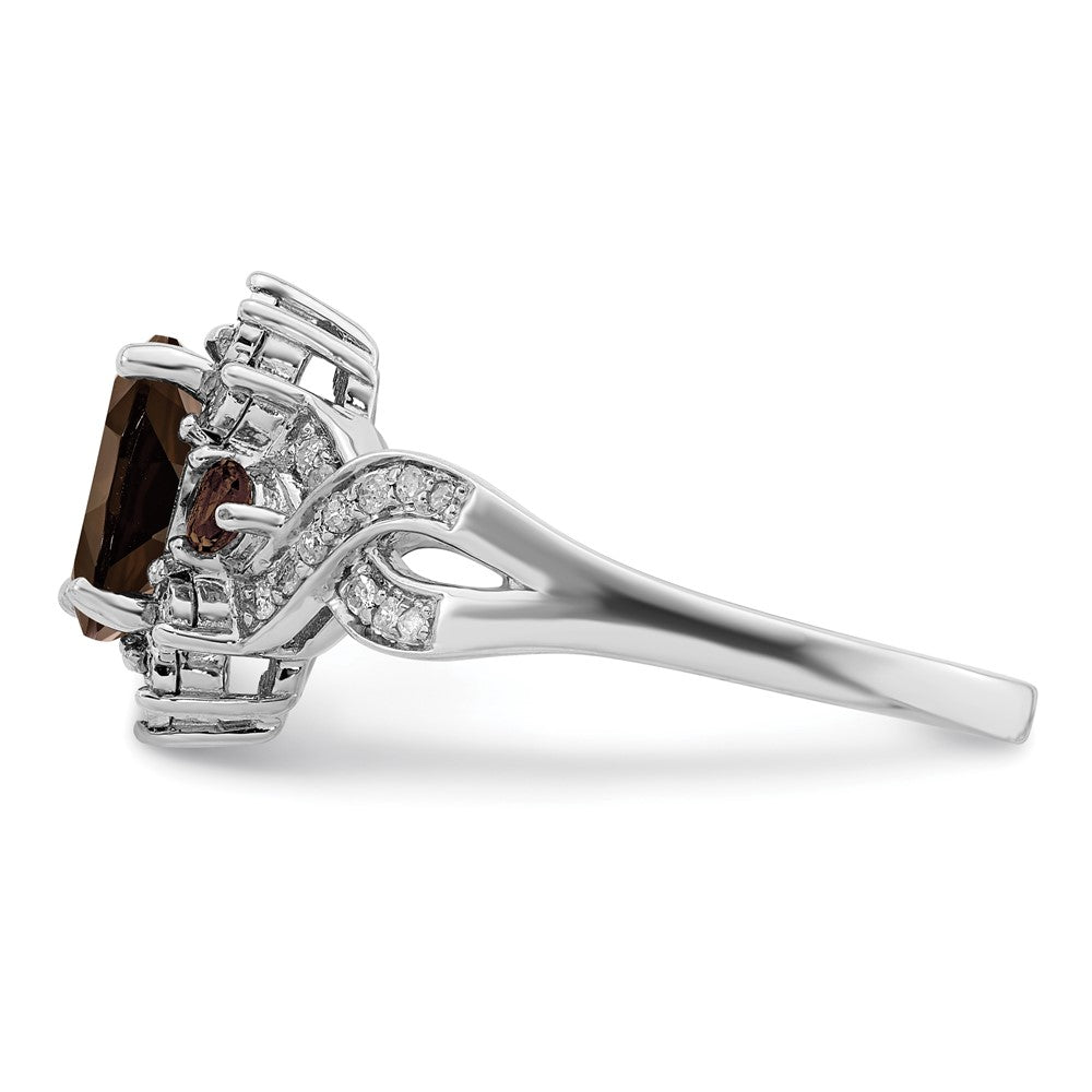 Sterling Silver Rhodium Diam. & Oval Smoky Quartz Ring
