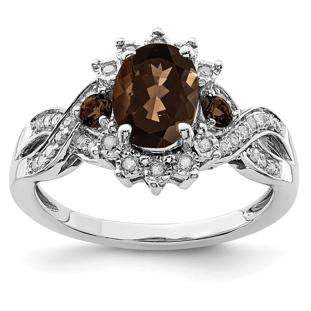 Sterling Silver Rhodium Diam. & Smoky Quartz Ring