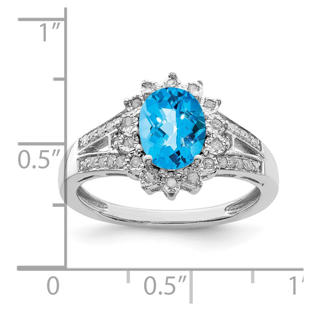 Sterling Silver Rhodium Diam. & Oval Checker-Cut Blue Topaz Ring