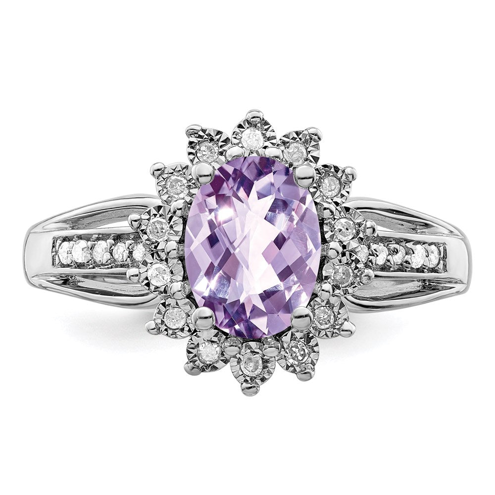 Sterling Silver Rhodium Diam. & Oval Pink Quartz Ring