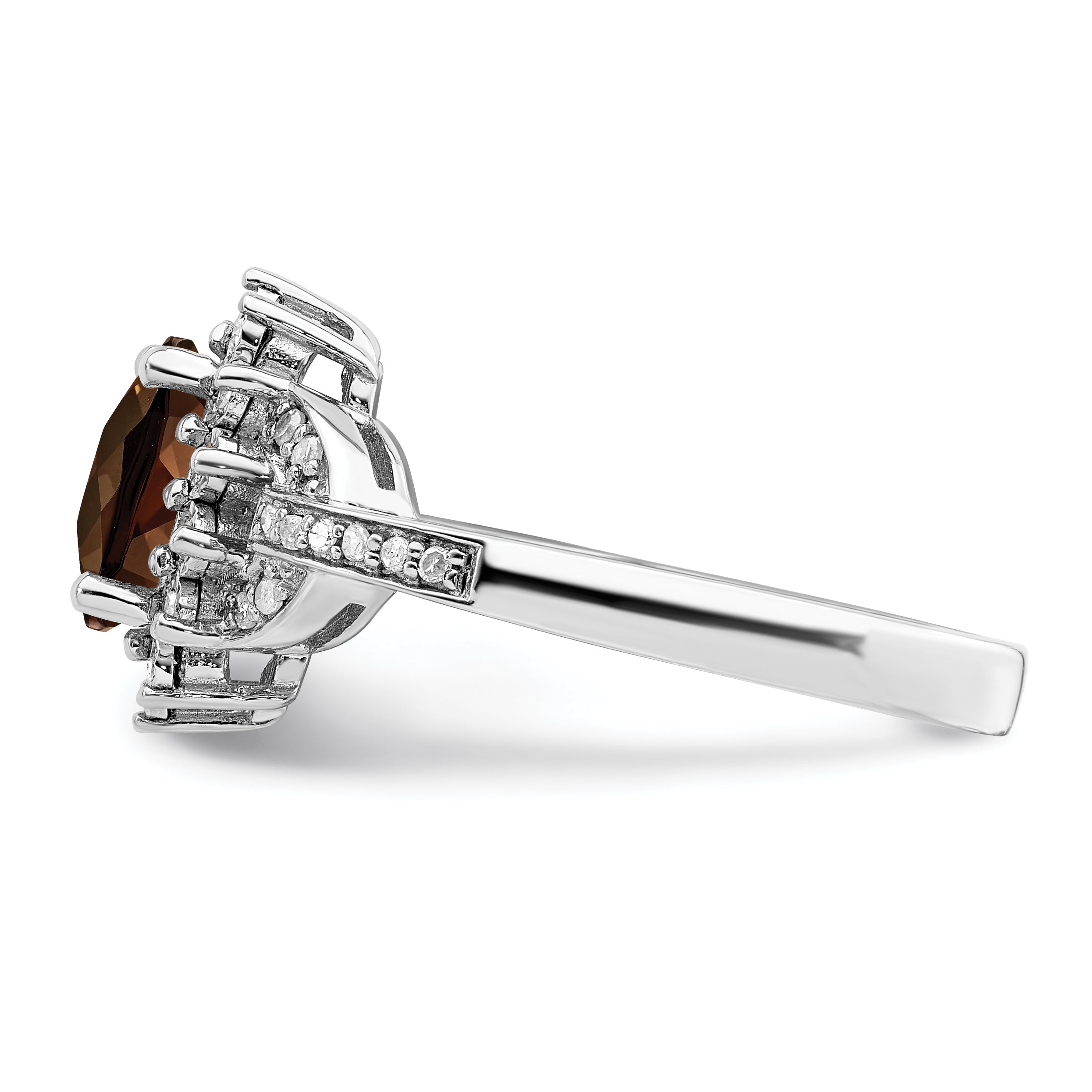 Sterling Silver Rhodium Diam. & Oval Checker-Cut Smoky Quartz Ring