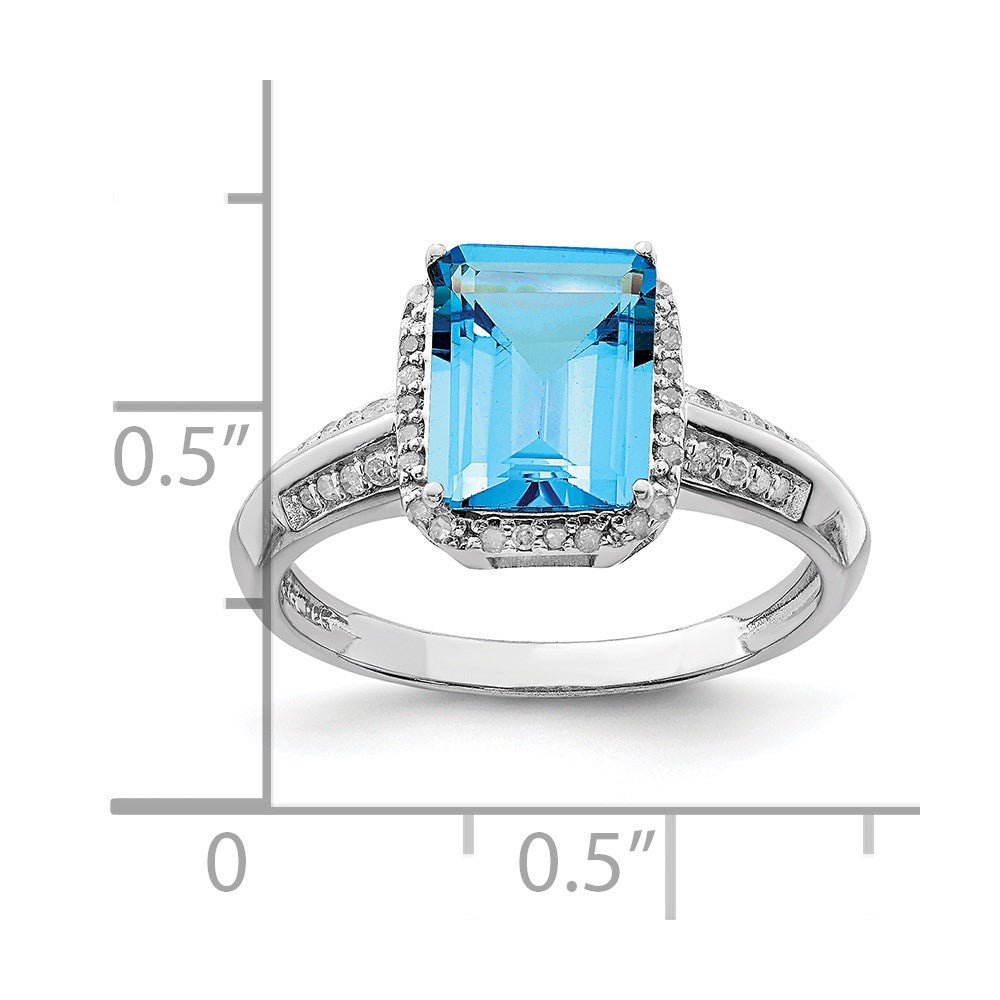 Sterling Silver Rhodium Octagonal Blue Topaz & Diam. Ring