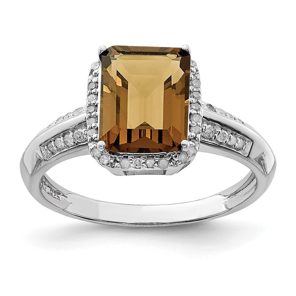 Sterling Silver Rhodium Octagonal Diam. & Whiskey Quartz Ring