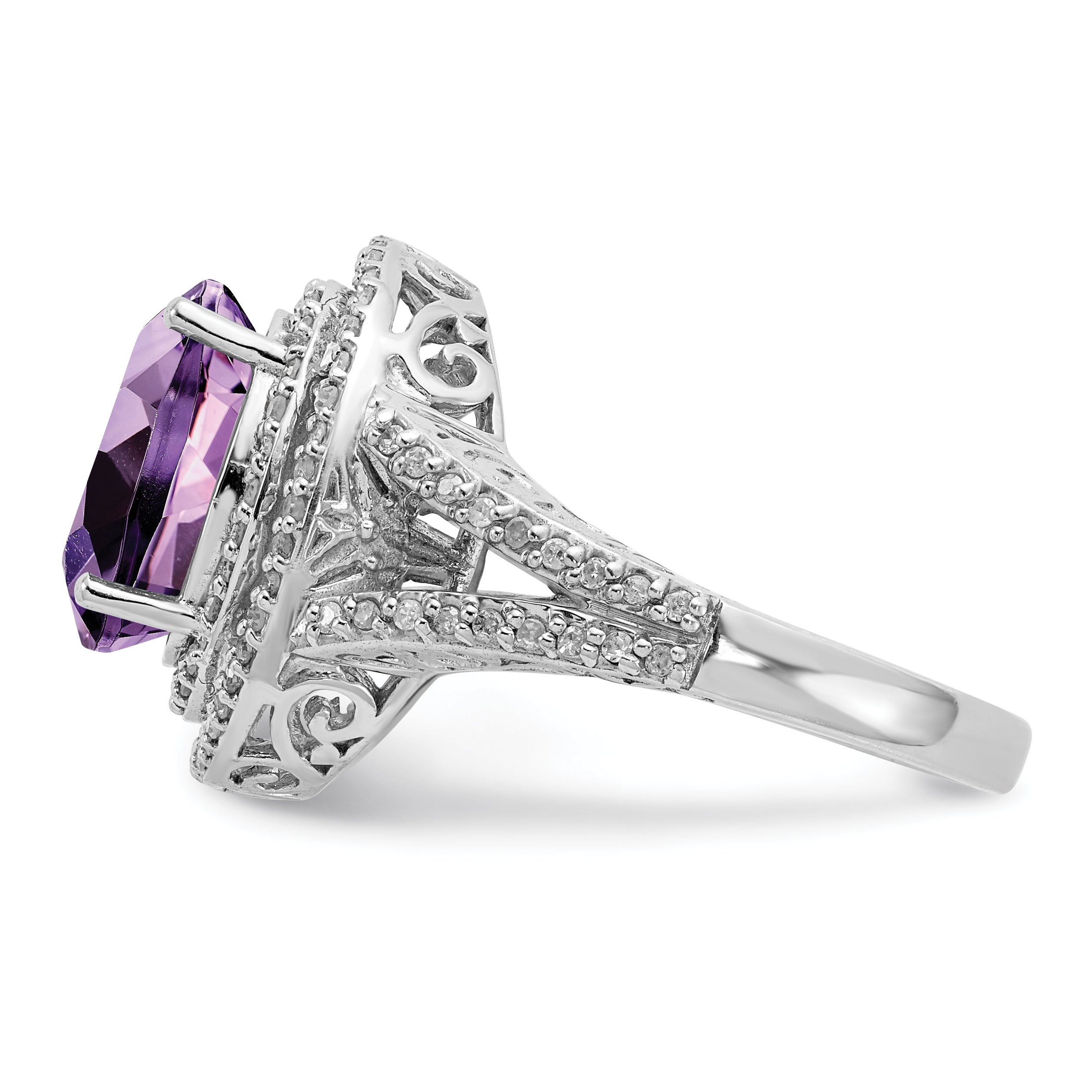 Sterling Silver Rhodium-plated Oval Amethyst & Diamond Ring