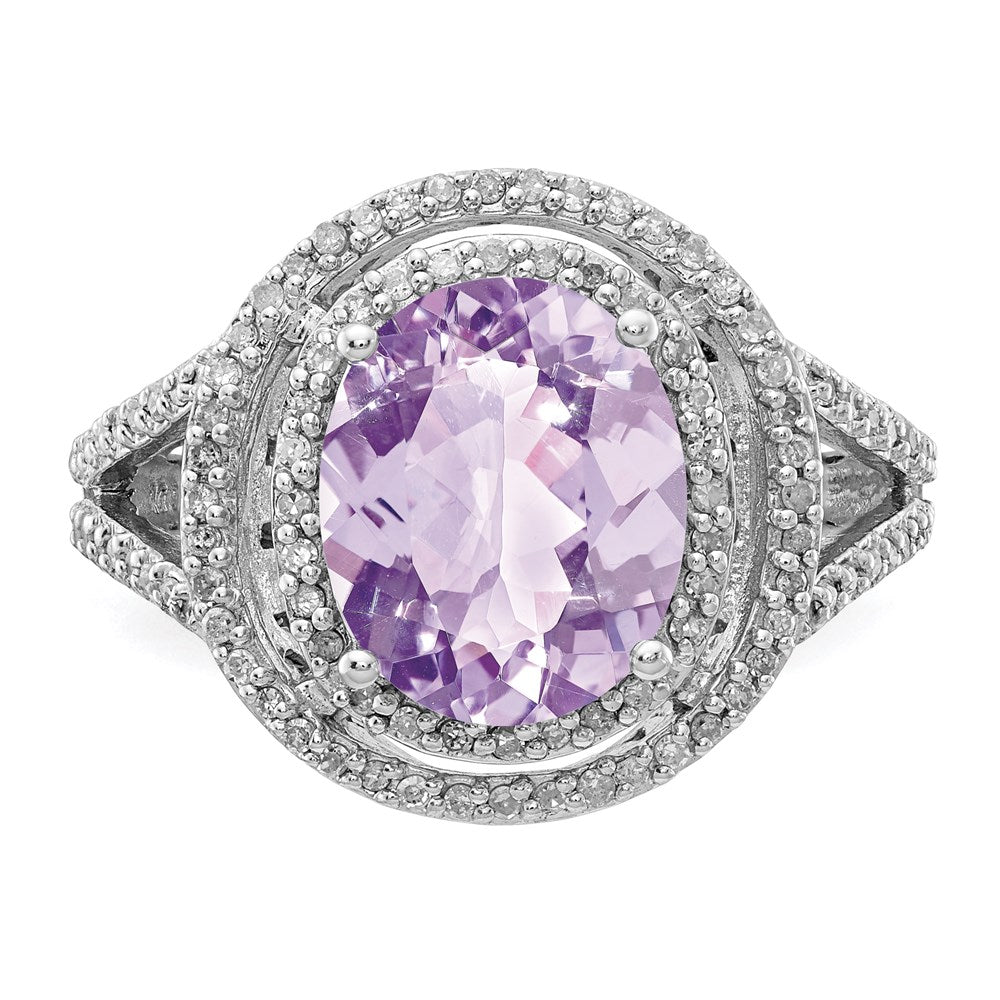 Sterling Silver Rhodium Oval Diam. & Pink Quartz Ring