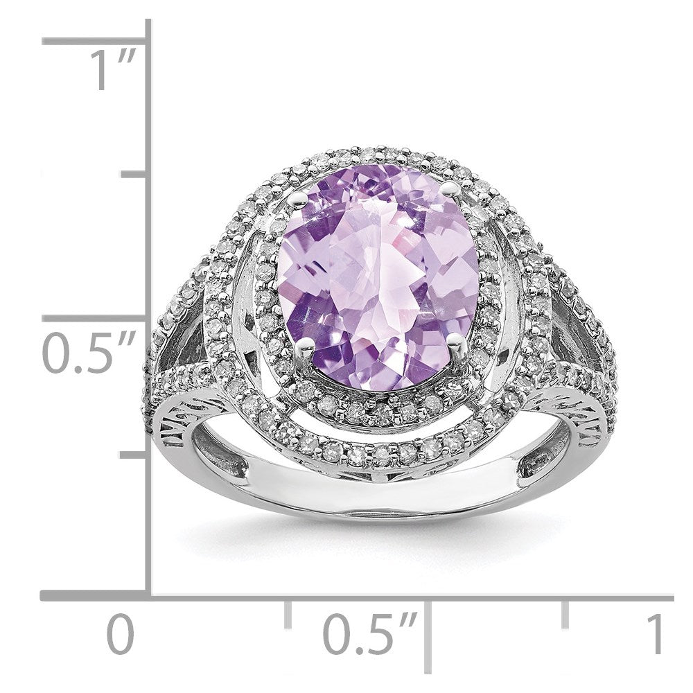 Sterling Silver Rhodium Oval Diam. & Pink Quartz Ring