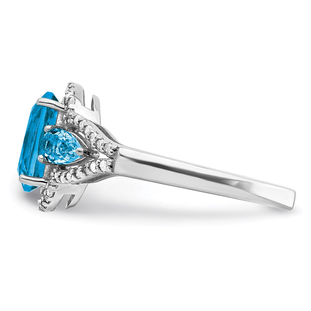 Sterling Silver Rhodium Oval Blue Topaz & Diam. Ring