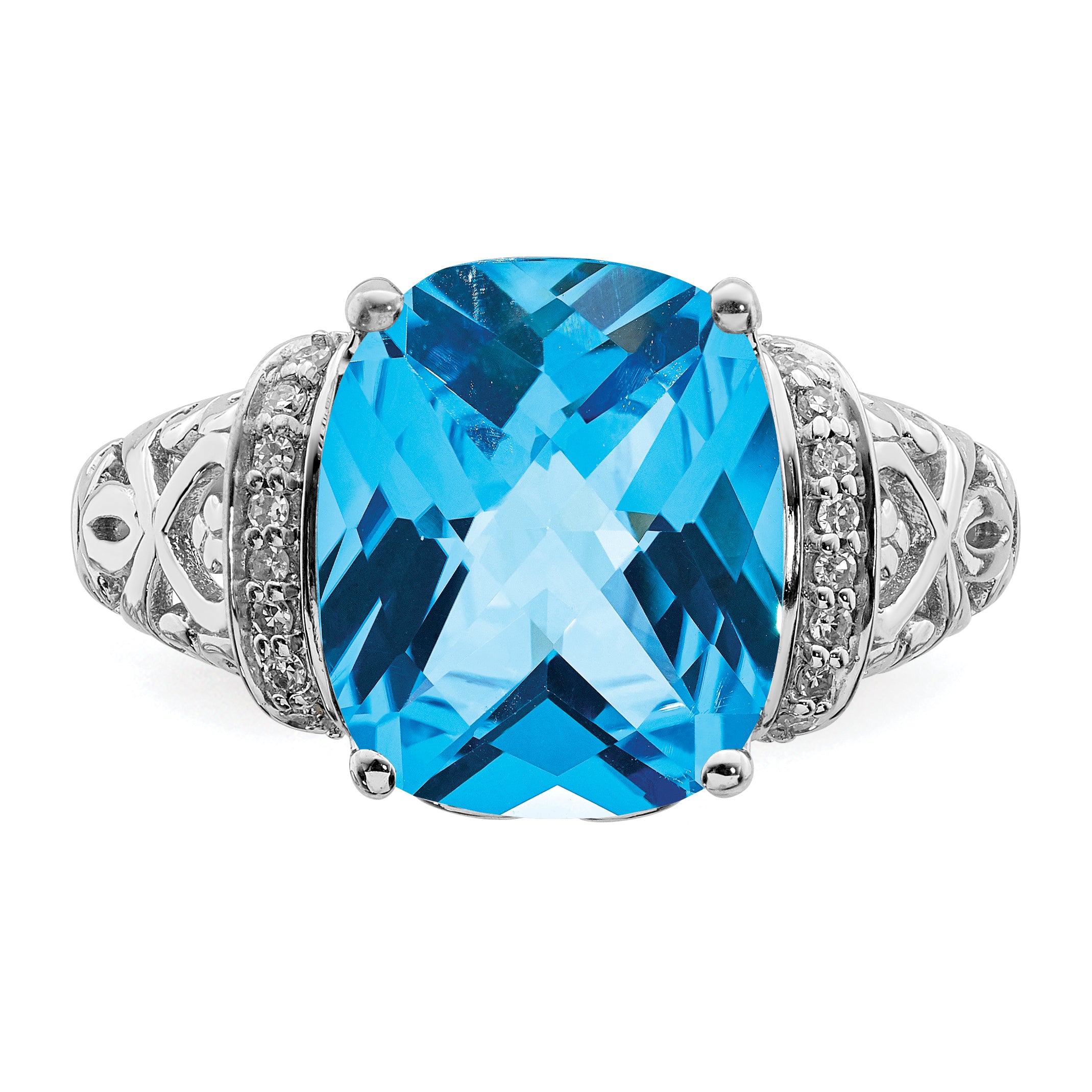 Sterling Silver Rhodium Checker-Cut Blue Topaz & Diam. Ring
