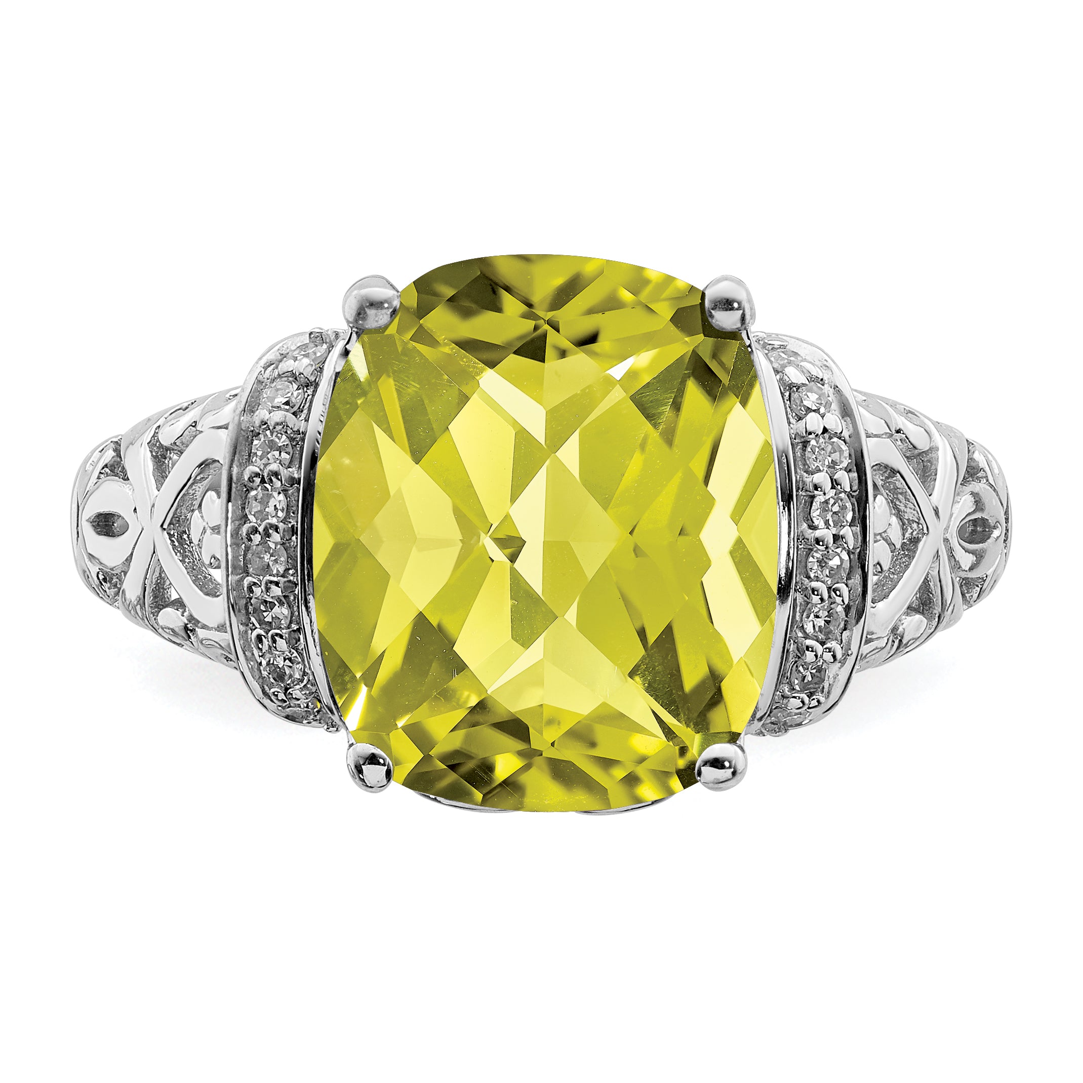 Sterling Silver Rhodium Diam. & Checker-Cut Lemon Quartz Ring