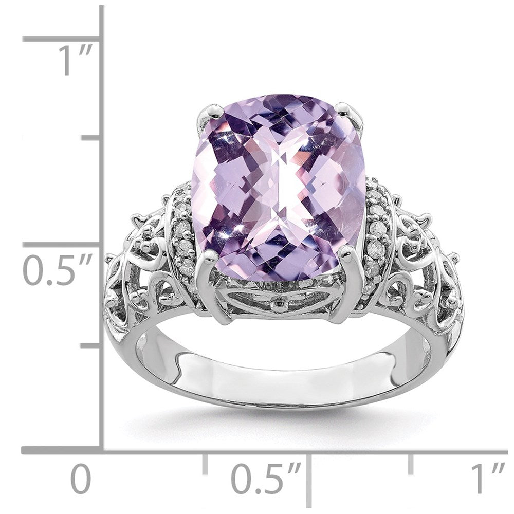 Sterling Silver Rhodium Diam. & Checker-Cut Pink Quartz Ring