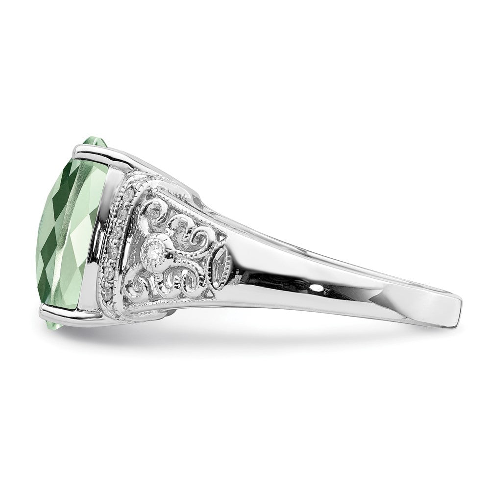 Sterling Silver Rhodium Diam. & Checker-Cut Green Quartz Ring