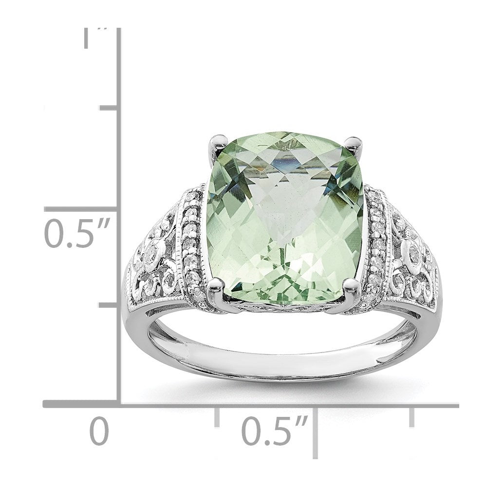 Sterling Silver Rhodium Diam. & Checker-Cut Green Quartz Ring