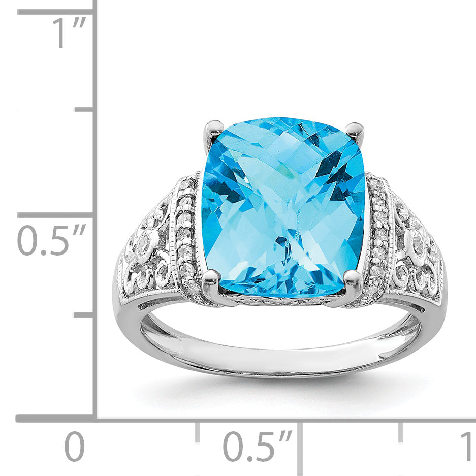 Sterling Silver Rhodium Checker-Cut Blue Topaz & Diam. Ring