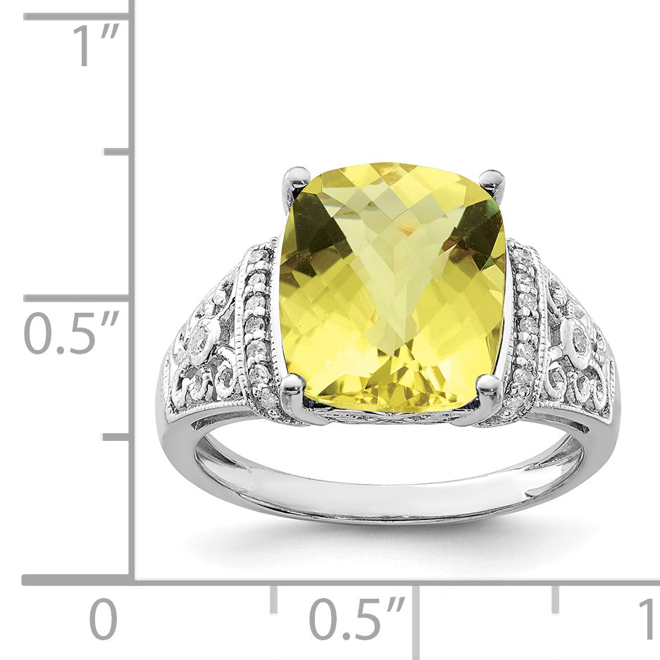 Sterling Silver Rhodium Diam. & Checker-Cut Lemon Quartz Ring
