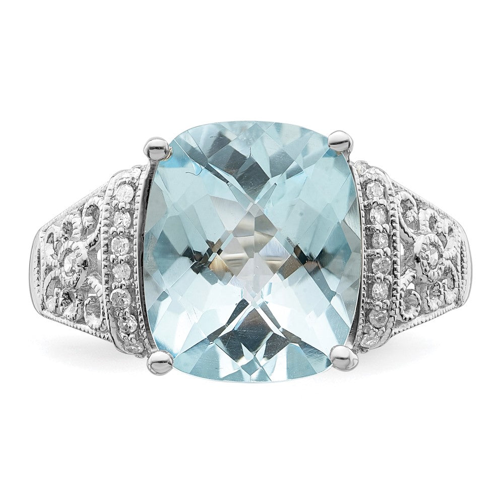 Sterling Silver Rhodium Diam. & Checker-Cut Sky Blue Topaz Ring