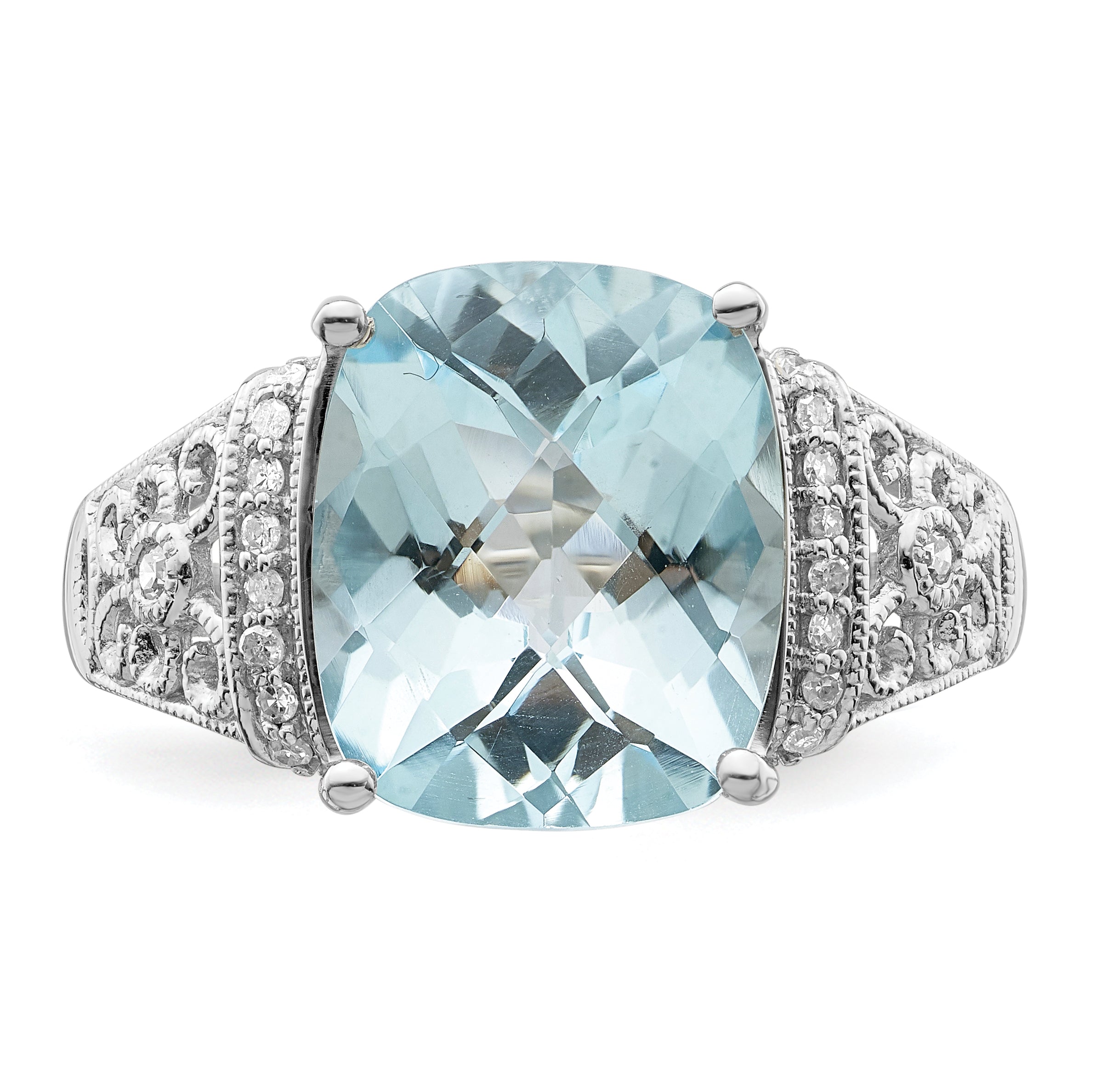 Sterling Silver Rhodium Diam. & Checker-Cut Sky Blue Topaz Ring