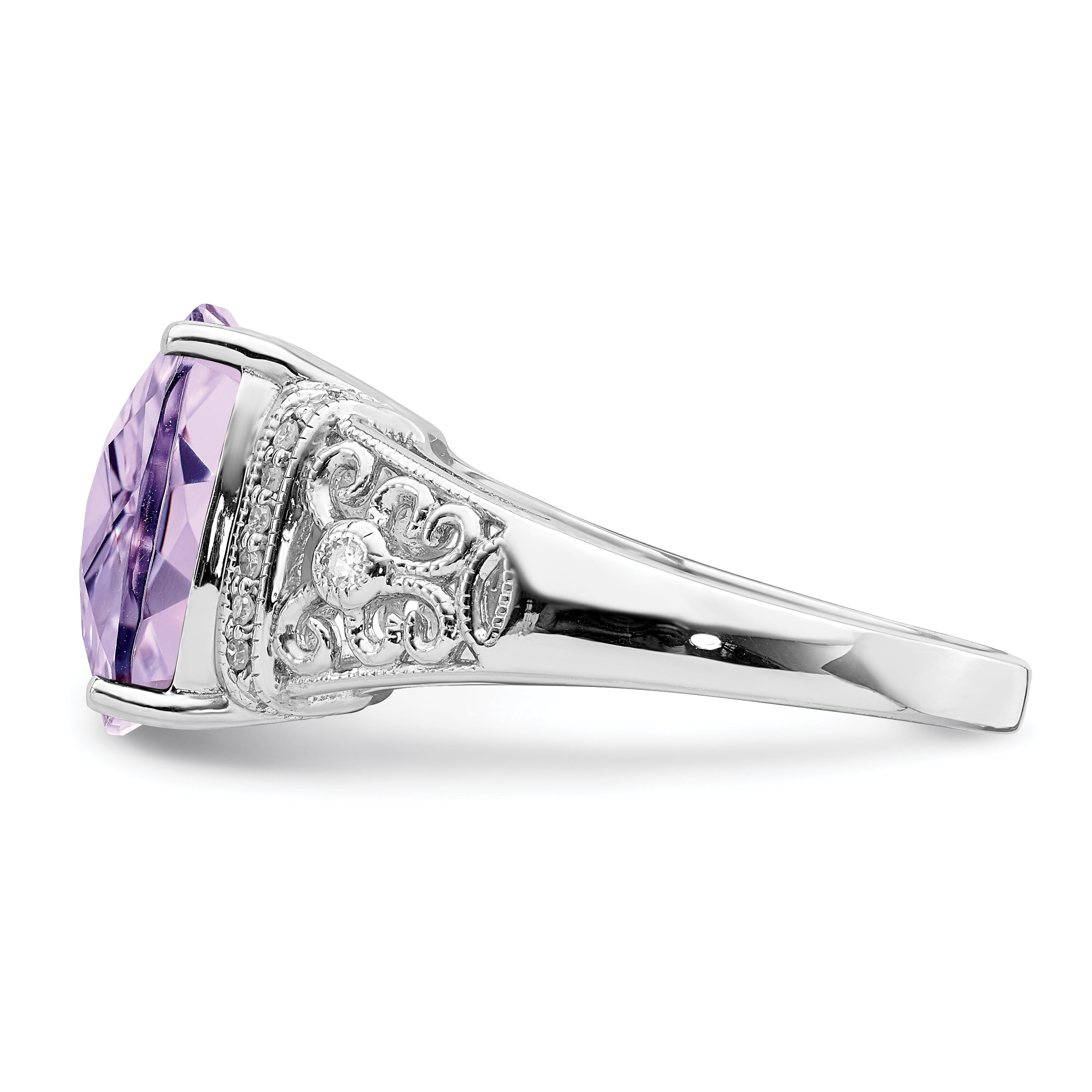 Sterling Silver Rhodium Diam. & Checker-Cut Pink Quartz Ring