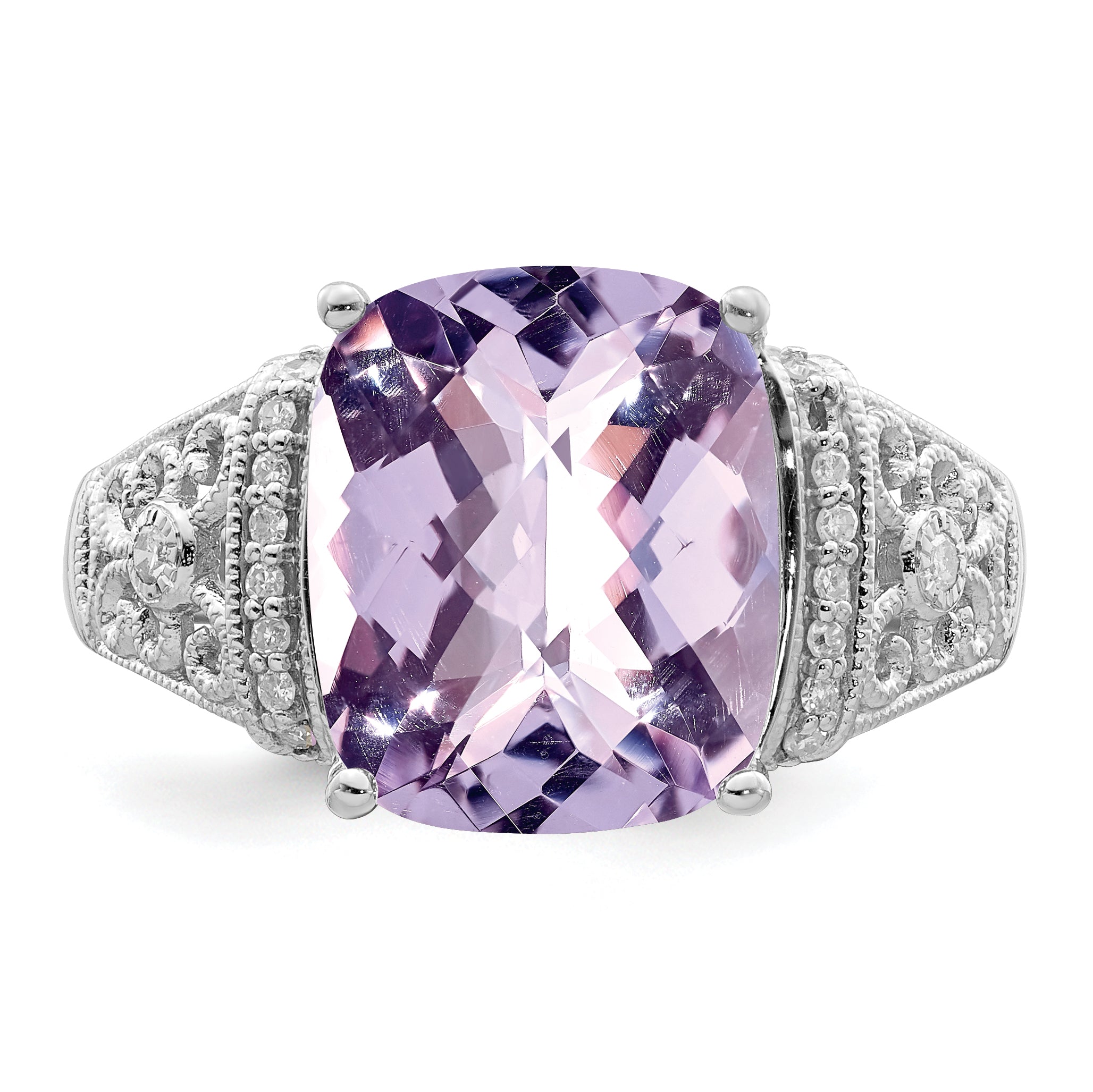Sterling Silver Rhodium Diam. & Checker-Cut Pink Quartz Ring