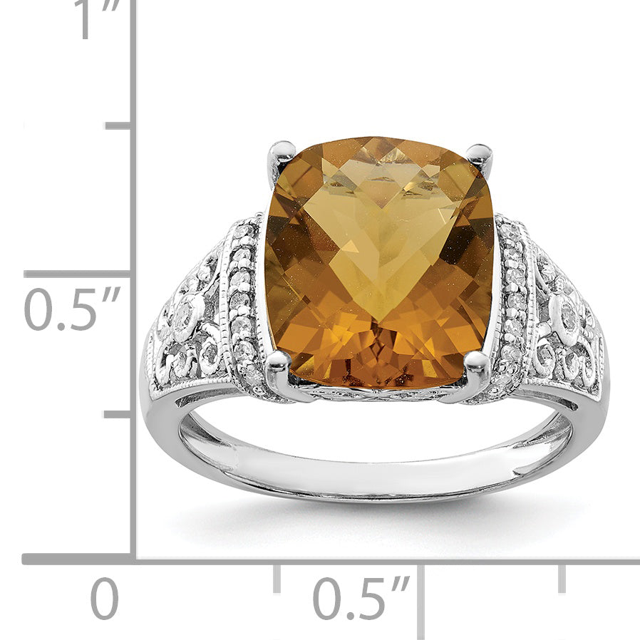 Sterling Silver Rhodium Diam. & Checker-Cut Whiskey Quartz Ring