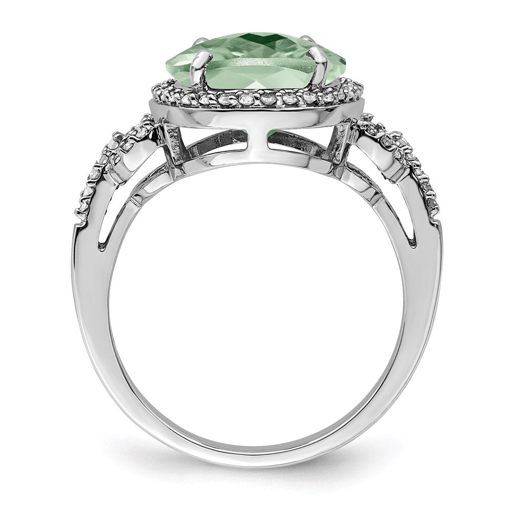 Sterling Silver Rhodium Oval Diam. & Checker-Cut Green Quartz Ring