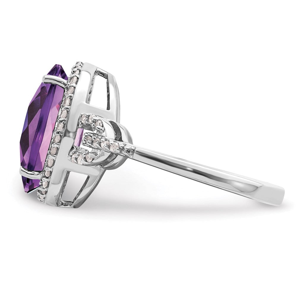 Sterling Silver Rhodium Oval Checker-Cut Amethyst & Diamond Ring