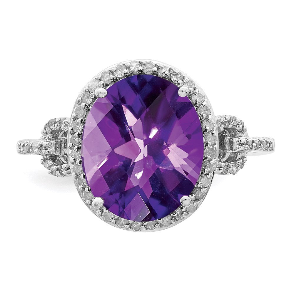 Sterling Silver Rhodium Oval Checker-Cut Amethyst & Diamond Ring
