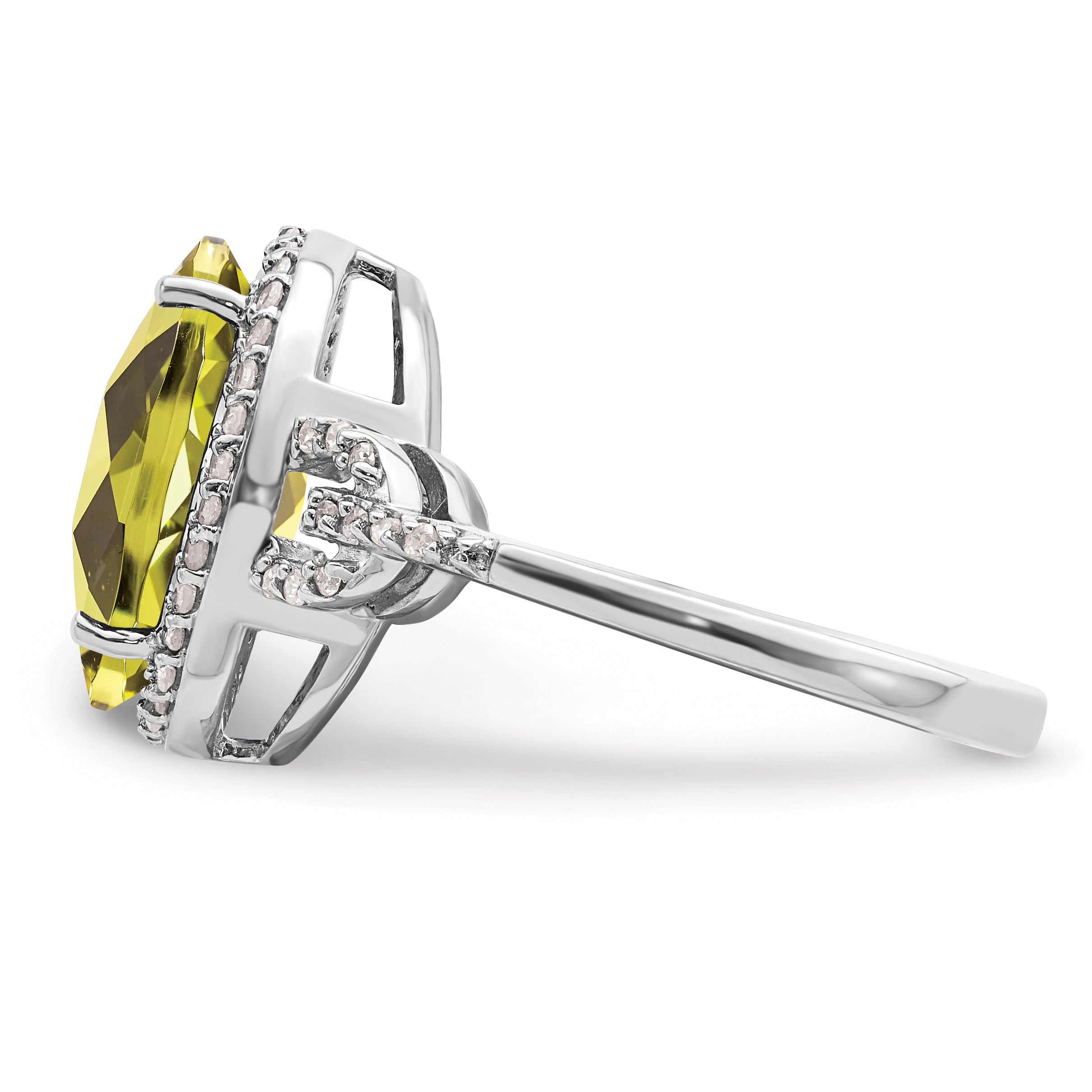Sterling Silver Rhodium Oval Diam. & Checker-Cut Lemon Quartz Ring